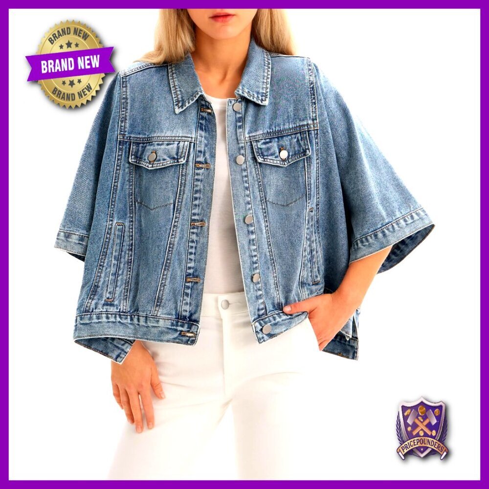 Oversized Cropped Denim Jacket Cape Design Short Sleeve Cotton Vintage Y2K